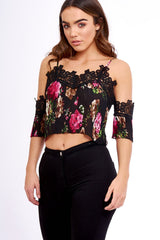 Black Pleated Floral Crochet Trim Cold Shoulder Crop Top - Raya-Crop Tops