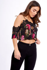 Black Pleated Floral Crochet Trim Cold Shoulder Crop Top - Raya-Crop Tops