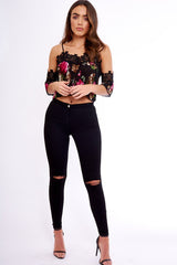 Black Pleated Floral Crochet Trim Cold Shoulder Crop Top - Raya-Crop Tops