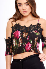 Black Pleated Floral Crochet Trim Cold Shoulder Crop Top - Raya-Crop Tops