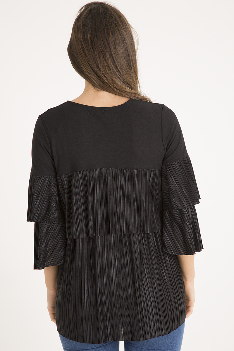 Black Pleated Layered Frill Oversized Top - Matilda-Tops