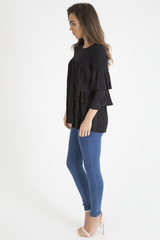 Black Pleated Layered Frill Oversized Top - Matilda-Tops