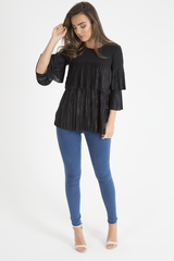 Black Pleated Layered Frill Oversized Top - Matilda-Tops