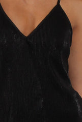 Black Pleated Metallic Slip Dress - Peaches-Dresses