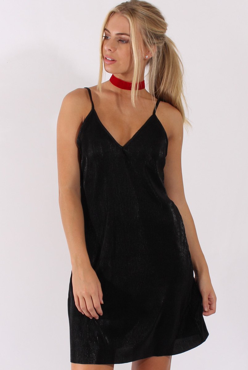 Black Pleated Metallic Slip Dress - Peaches-Dresses
