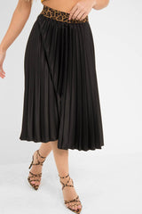 Black Pleated Midi Skirt with Leopard Waistband - Gigi-Skirts