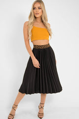 Black Pleated Midi Skirt with Leopard Waistband - Gigi-Skirts