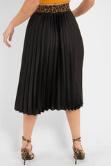 Black Pleated Midi Skirt with Leopard Waistband - Gigi-Skirts