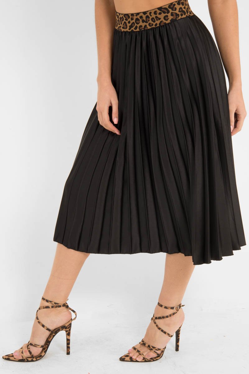 Black Pleated Midi Skirt with Leopard Waistband - Gigi-Skirts