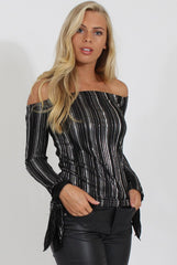 Black Pleated Tie Cuff Bardot Top - Marcia-Tops