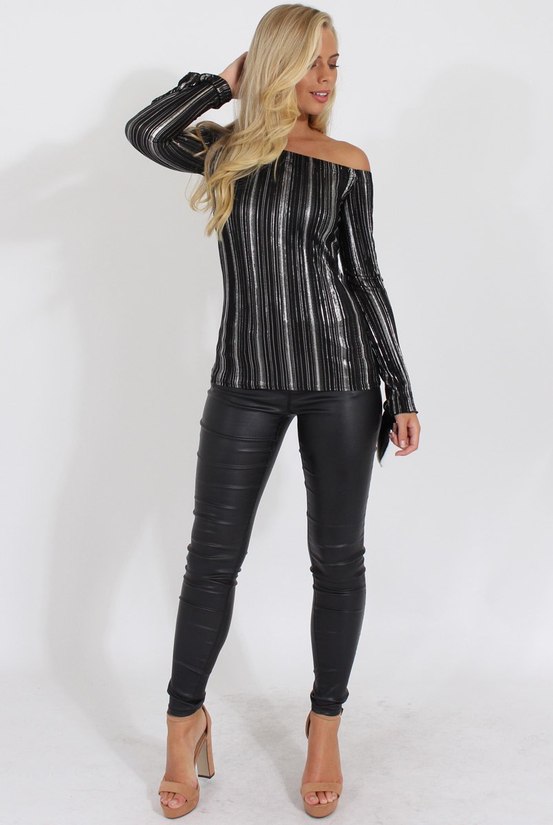 Black Pleated Tie Cuff Bardot Top - Marcia-Tops