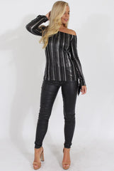 Black Pleated Tie Cuff Bardot Top - Marcia-Tops