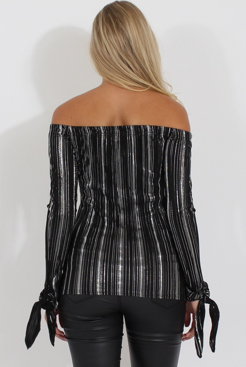 Black Pleated Tie Cuff Bardot Top - Marcia-Tops