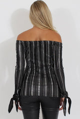 Black Pleated Tie Cuff Bardot Top - Marcia-Tops