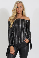 Black Pleated Tie Cuff Bardot Top - Marcia-Tops