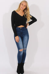Black Pleated Wrap Over Crop Top - Imogen-Crop Tops