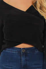 Black Pleated Wrap Over Crop Top - Imogen-Crop Tops