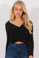 Black Pleated Wrap Over Crop Top - Imogen-Crop Tops