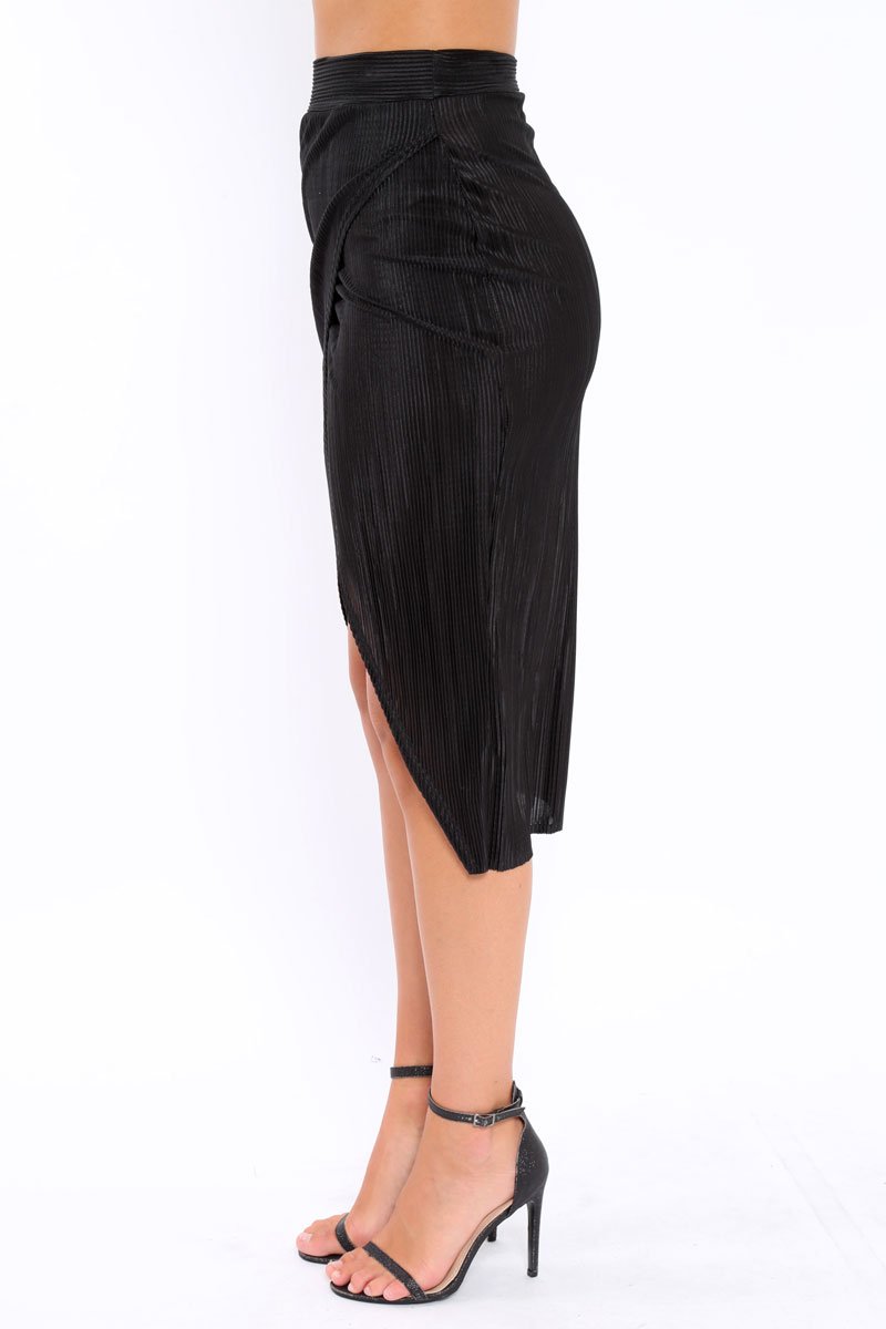 Black Pleated Wrap Over Skirt - Monica-Skirts