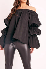 Black Plisse Fabric Structured Sleeve Blouse - Loraina-Blouse