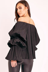 Black Plisse Fabric Structured Sleeve Blouse - Loraina-Blouse