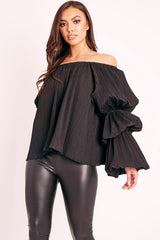 Black Plisse Fabric Structured Sleeve Blouse - Loraina-Blouse