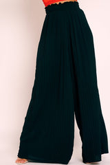 Black Plisse Frill Waist Wide Leg Trousers - Otta-Trousers