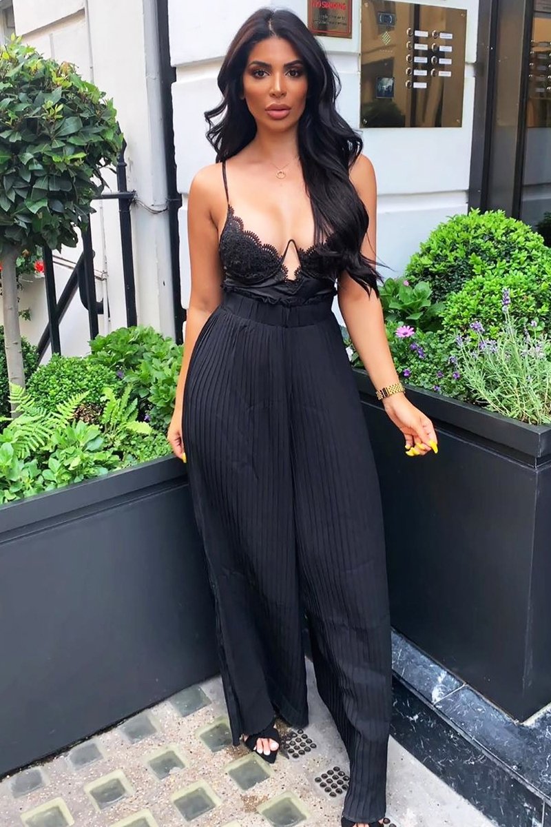 Black Plisse Frill Waist Wide Leg Trousers - Otta-Trousers