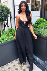 Black Plisse Frill Waist Wide Leg Trousers - Otta-Trousers