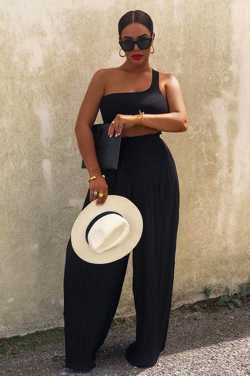 Black Plisse Frill Waist Wide Leg Trousers - Otta-Trousers