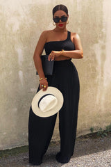 Black Plisse Frill Waist Wide Leg Trousers - Otta-Trousers