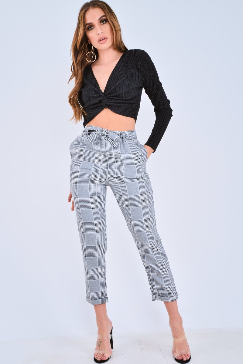 Black Plisse Plunge Twist Front Crop Top - Paolina-Tops