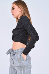 Black Plisse Plunge Twist Front Crop Top - Paolina-Tops