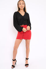 Black Plisse Ruched Front Crop Top - Karen-Crop Tops