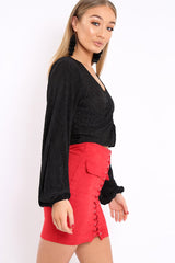 Black Plisse Ruched Front Crop Top - Karen-Crop Tops