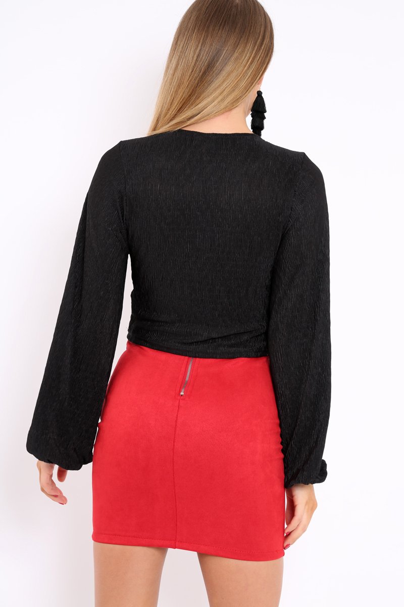 Black Plisse Ruched Front Crop Top - Karen-Crop Tops