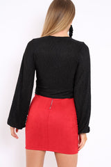 Black Plisse Ruched Front Crop Top - Karen-Crop Tops