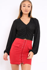 Black Plisse Ruched Front Crop Top - Karen-Crop Tops