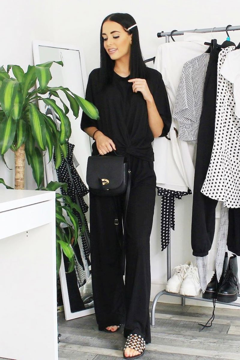 Black Plisse Wide Leg Trouser and Top Co-ord - Hellen-Co-ords