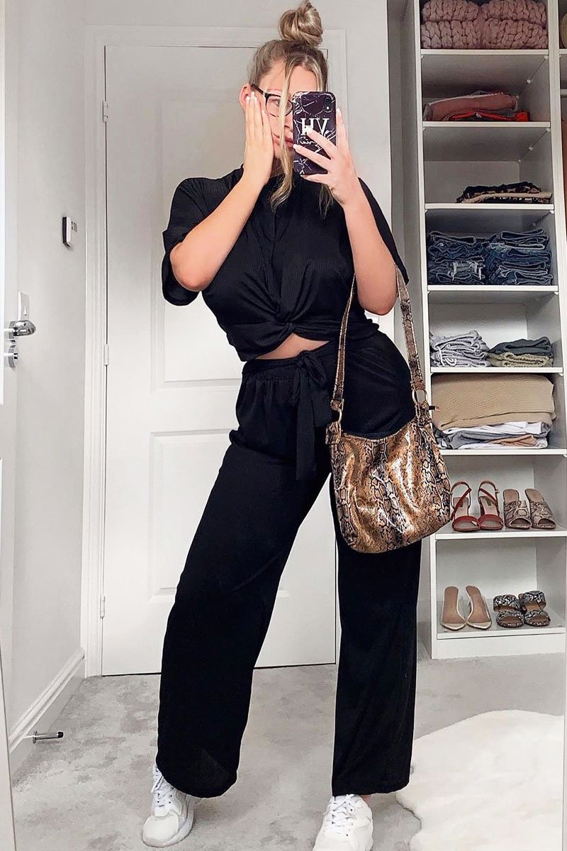 Black Plisse Wide Leg Trouser and Top Co-ord - Hellen-Co-ords