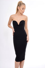 Black Plunge Bandeau Bodycon Midi Dress - Perry-Dresses