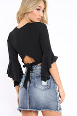 Black Plunge Bell Sleeve Crop Top - Merla-Crop Tops