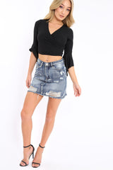 Black Plunge Bell Sleeve Crop Top - Merla-Crop Tops