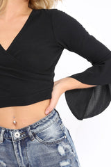Black Plunge Bell Sleeve Crop Top - Merla-Crop Tops