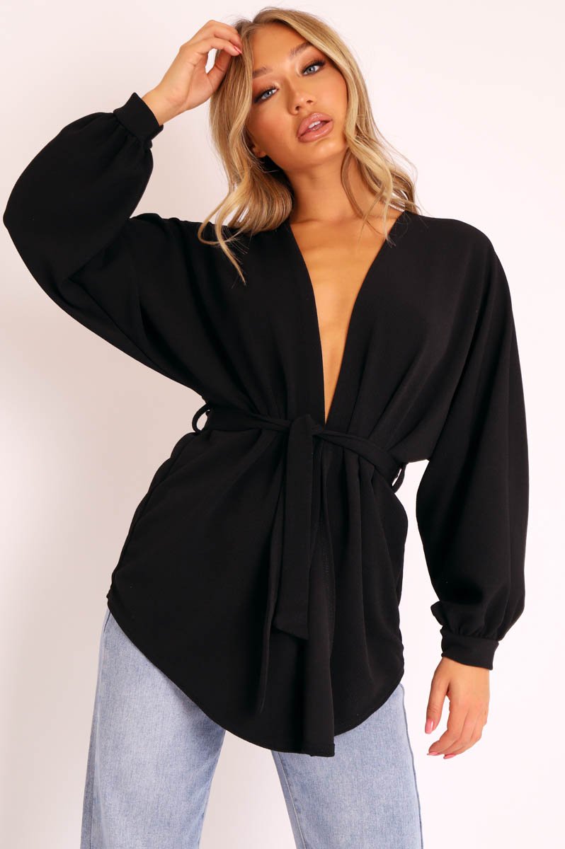 Black Plunge Belted Blouse - Goldie-Blouse
