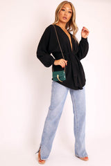Black Plunge Belted Blouse - Goldie-Blouse