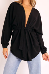 Black Plunge Belted Blouse - Goldie-Blouse