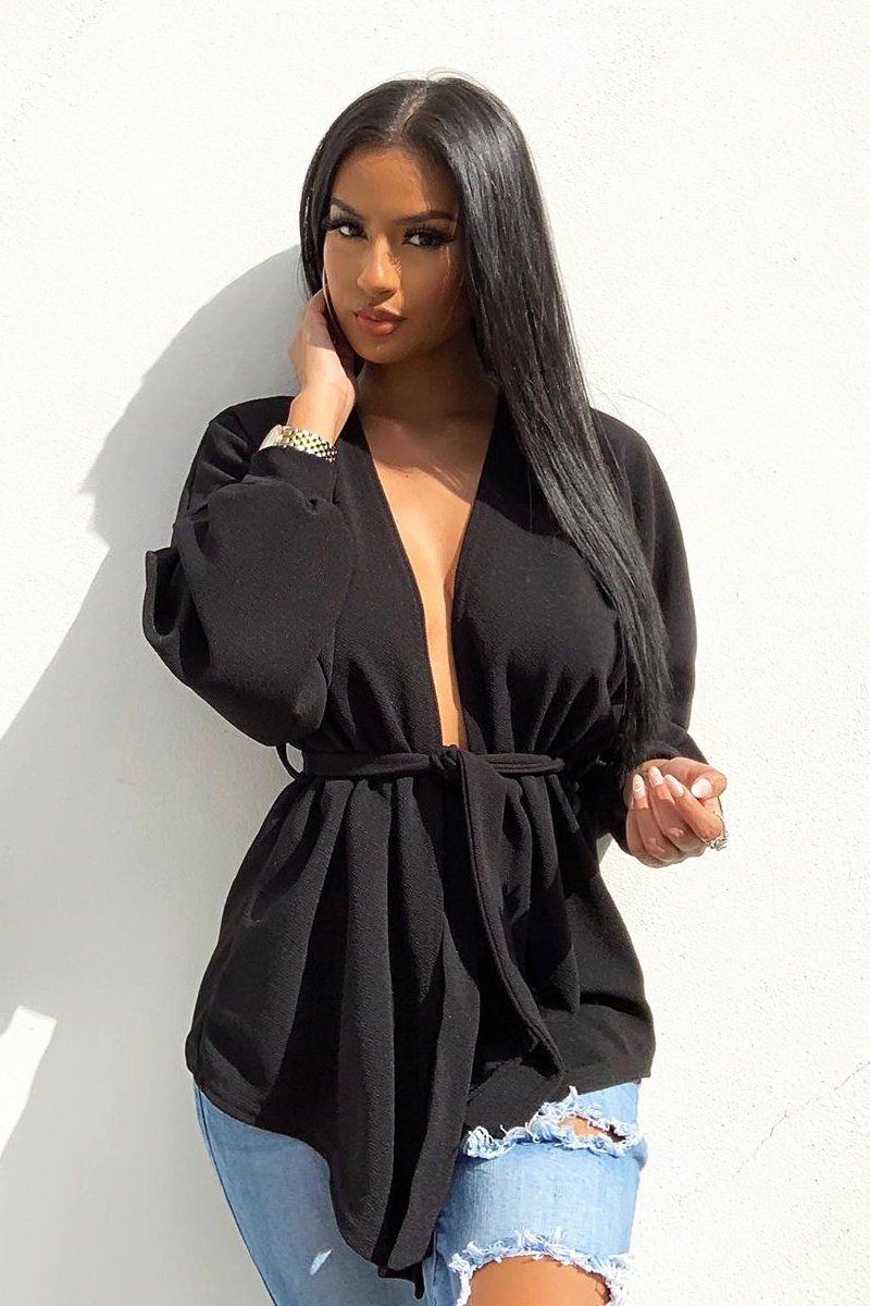 Black Plunge Belted Blouse - Goldie-Blouse