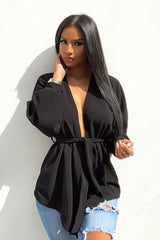 Black Plunge Belted Blouse - Goldie-Blouse