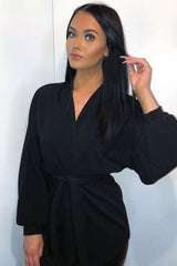 Black Plunge Belted Blouse - Goldie-Blouse